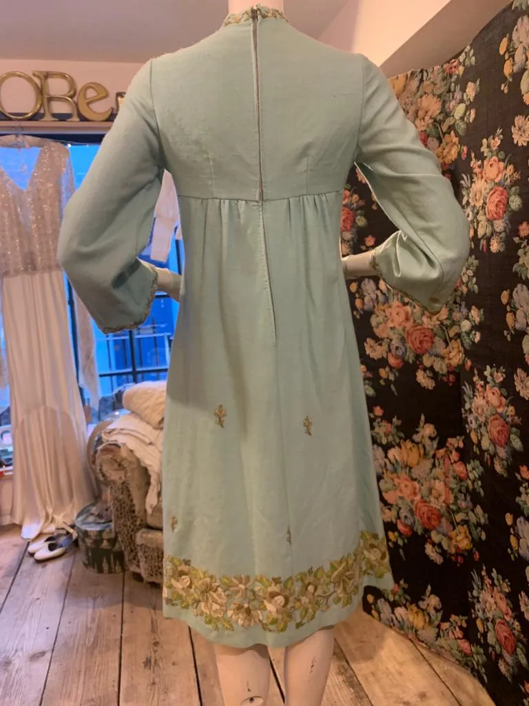 1960s Turquoise Wool Tunic Dress with Indian Crewel Work