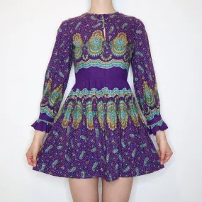 70s Purple Paisley Mini Dress (XS) 