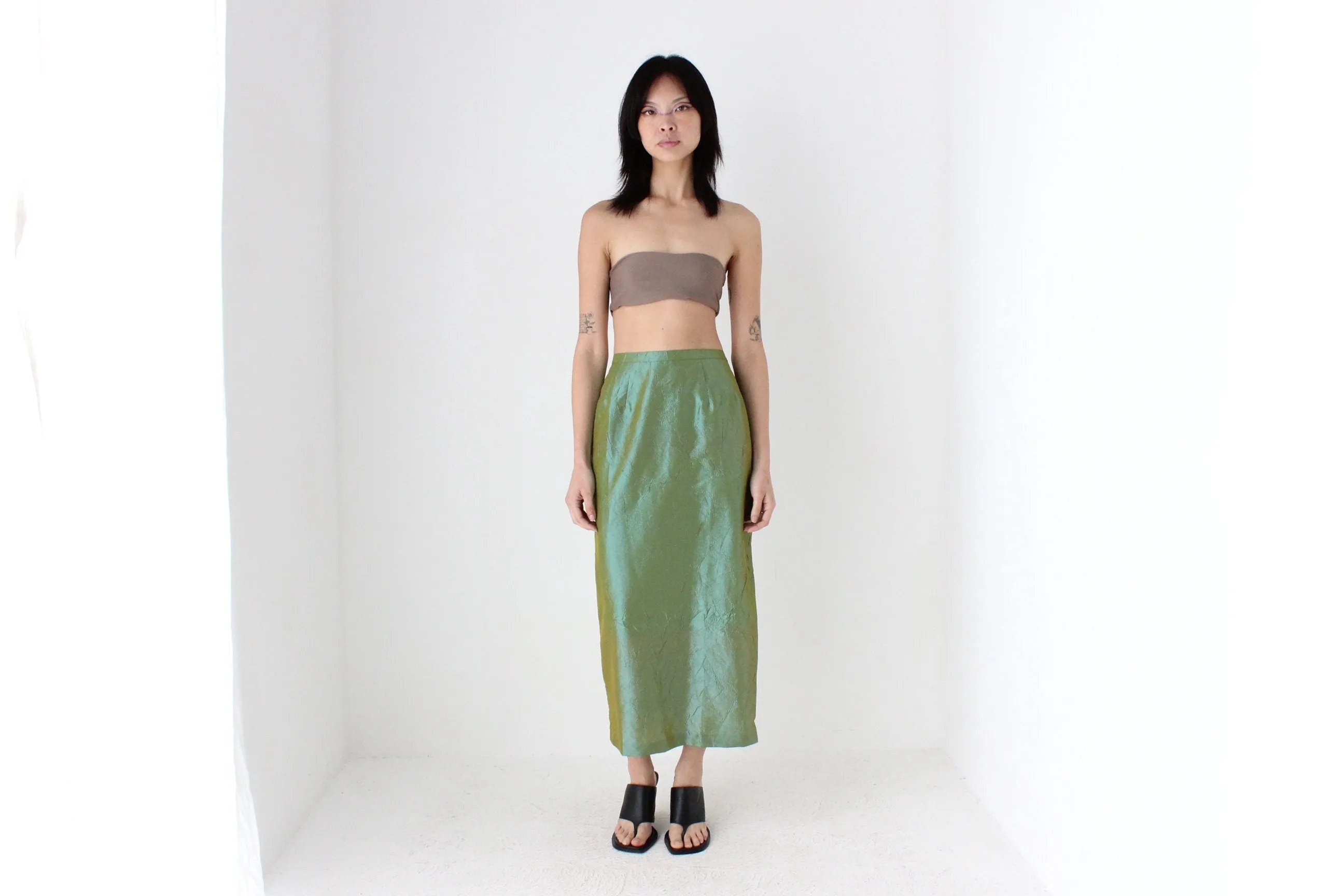 90s Metallic Green Crinkle Taffeta High Waist Column Midi Skirt