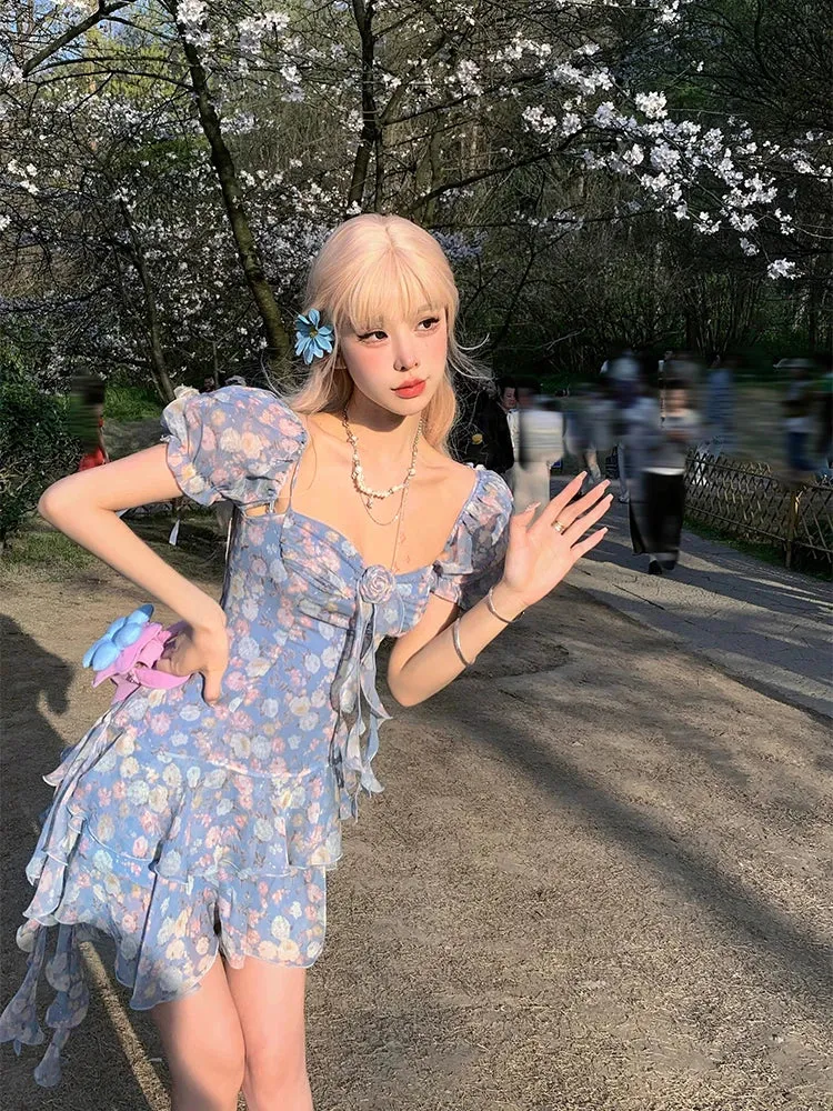 Advbridge  Summer Floral Y2k Mini Dress Holiday Beach Irregular Chiffon Dress Casual Korean Fashion Short Party Dress Elegant Clothing
