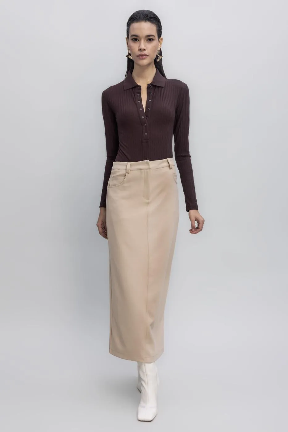 Beige Low Waist Maxi Skirt