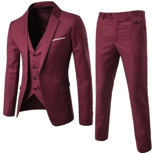 Burgundy Mens Suits Groom Wear Tuxedos 3 Piece Wedding Suit Groomsmen Best Man Formal Business Suit For Men (Jacket Pants  Vest)