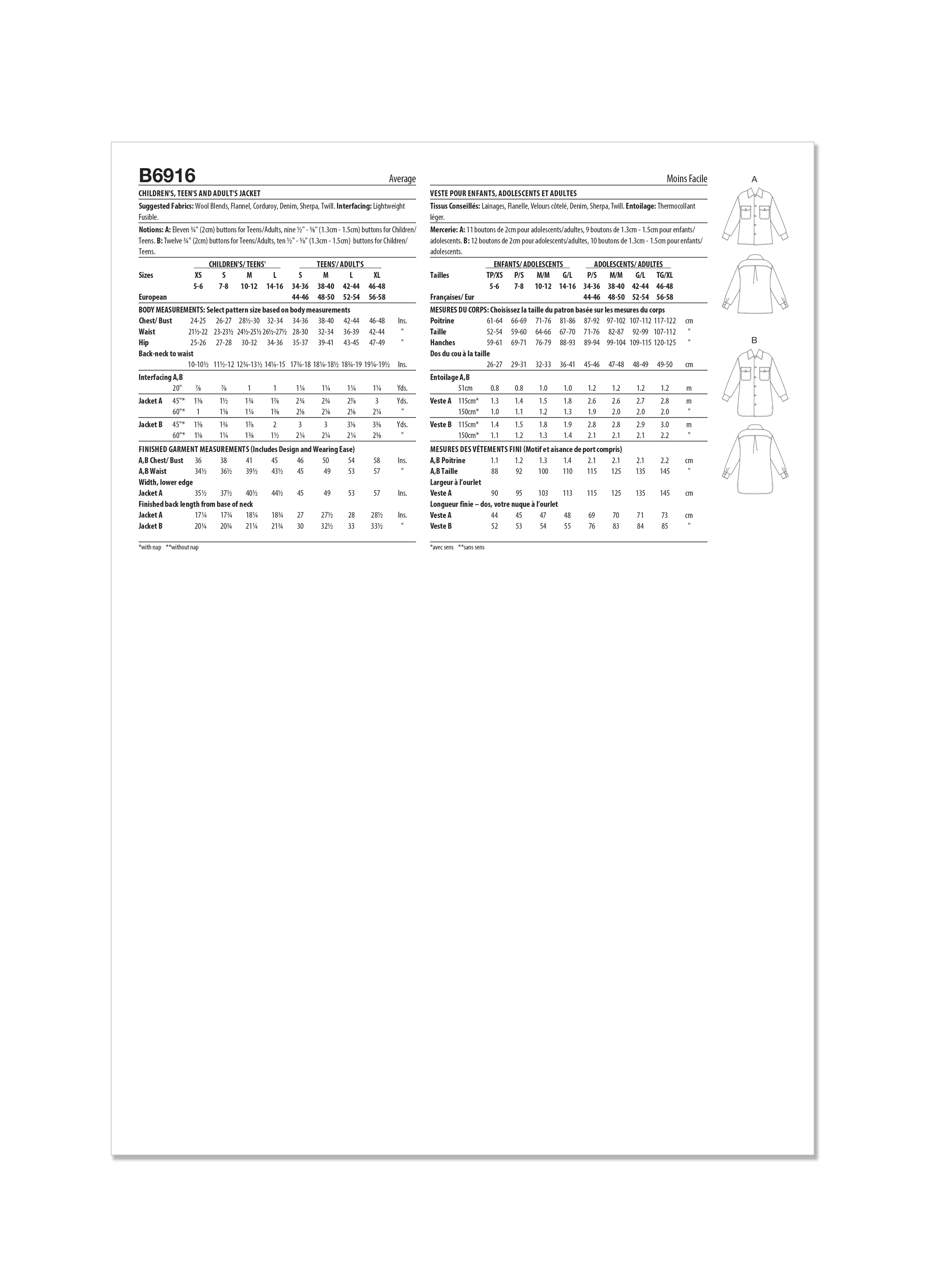Butterick sewing pattern 6916 Children's, Teens and Adults Jacket