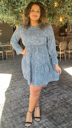 CurveWow Tiered Smock Dress Grey Animal Print