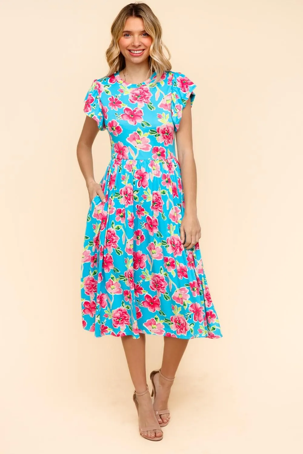 PLUS MIDI BABYDOLL DRESS W/ FOLDED RUFFLE SLEEVES