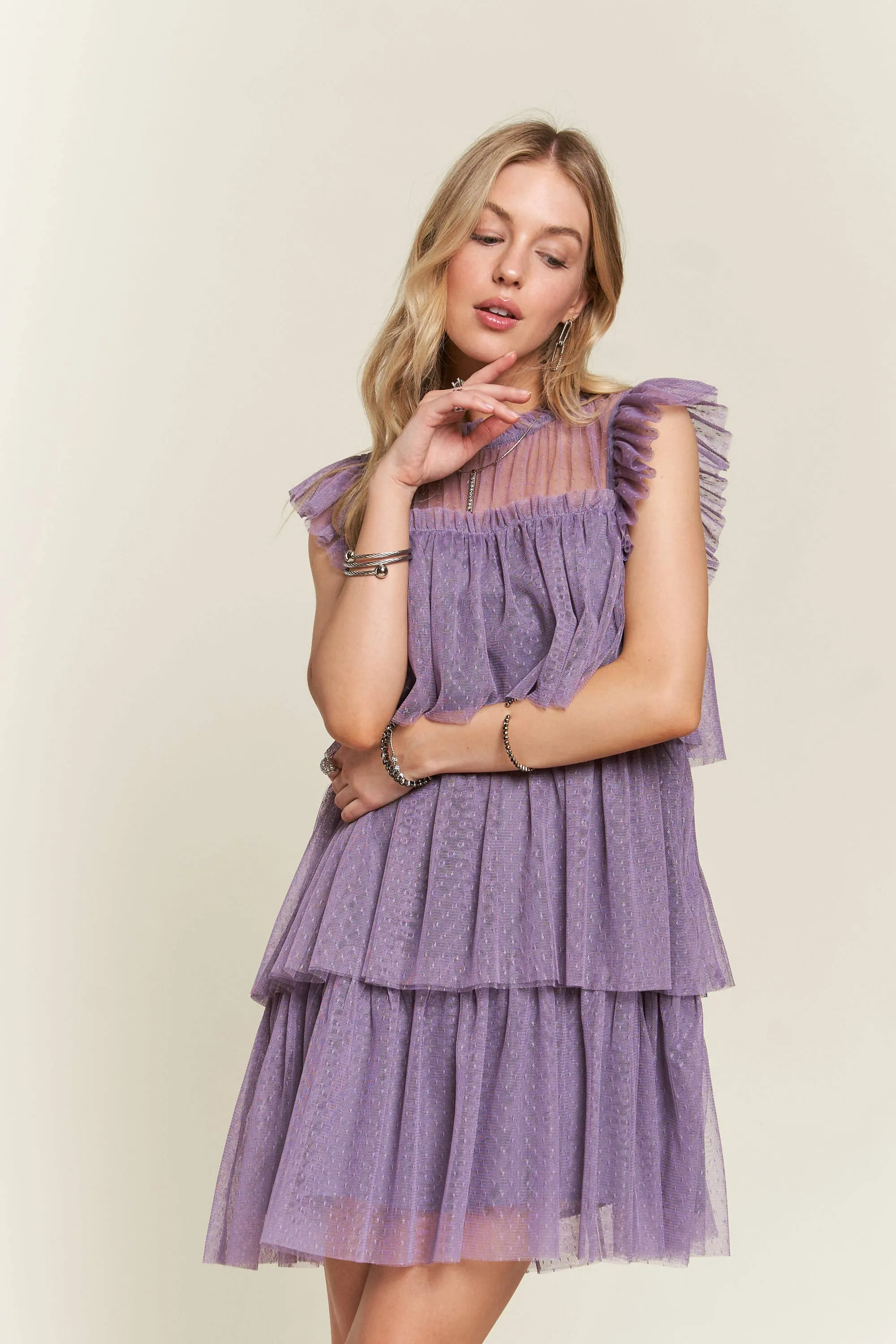 RUFFLED TIERED SWISSDOT LACE DRESS