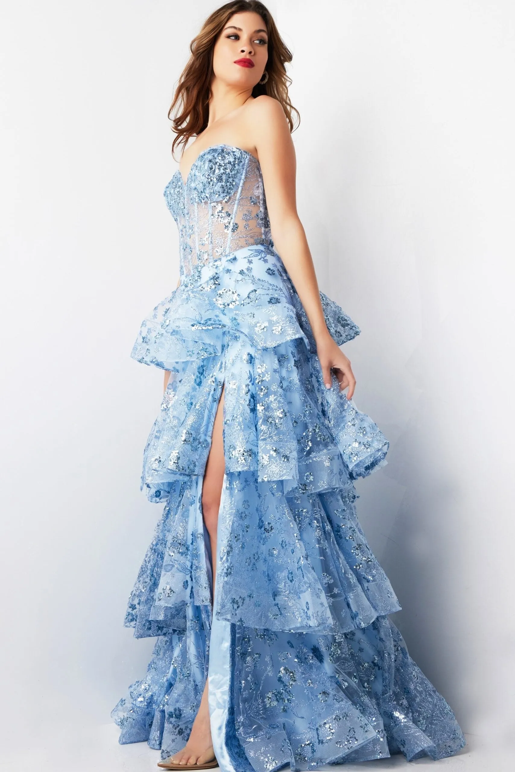 Tulle Strapless A-line Layered Slit Gown by Jovani 38528