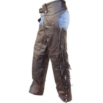 Unisex Buffalo Leather Motorcycle Chaps with Braid Trim and Fringes